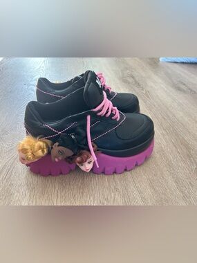 koi Black Platform Sneakers with Pink Accents and Barbie Heads